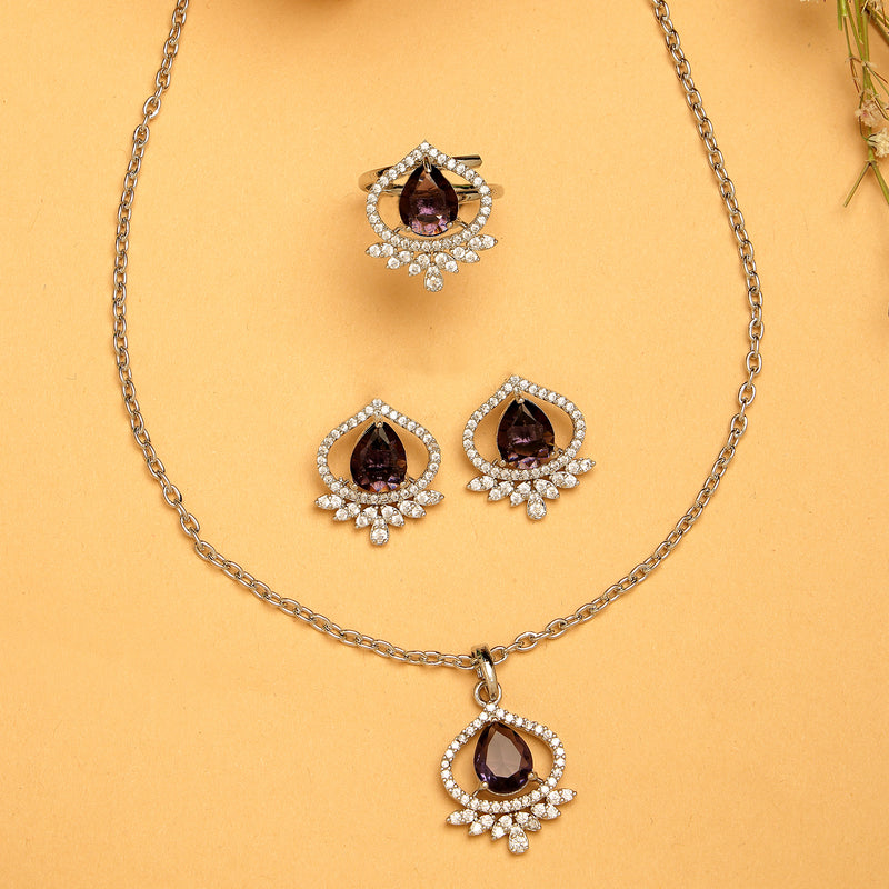 Rhodium Plated Silver Toned Violet Tear dropped  Shaped American Diamond Studded Pendant Combo With Ring