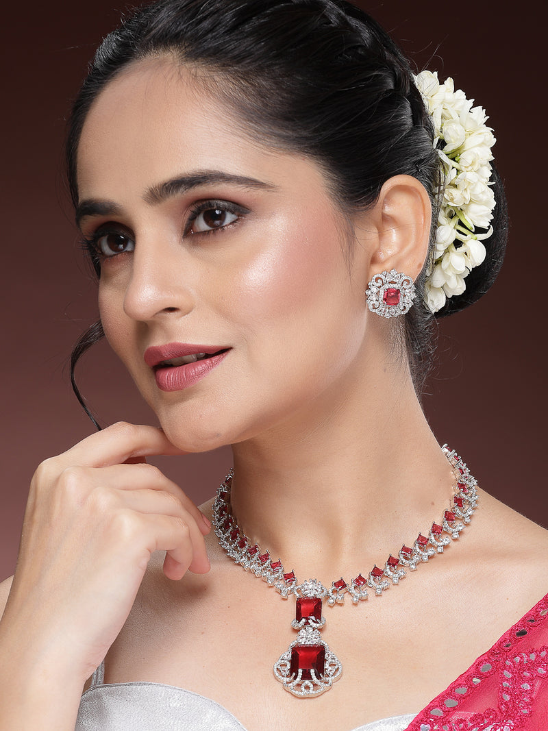 Rhodium Plated with Red American Diamond Studded Maharani Design Necklace Set