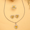 Rhodium Plated Silver Toned Heart Shaped Yellow American Diamond Studded Pendant Combo With Ring