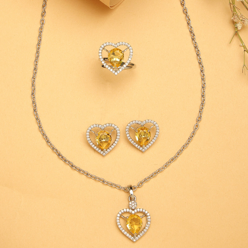 Rhodium Plated Silver Toned Heart Shaped Yellow American Diamond Studded Pendant Combo With Ring