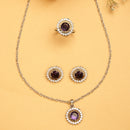 Rhodium Plated Silver Toned Violet American Diamond Studded Pendant Combo With Ring