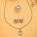Rhodium Plated Silver Toned Square Shaped Pink American Diamond Studded Pendant Combo With Ring