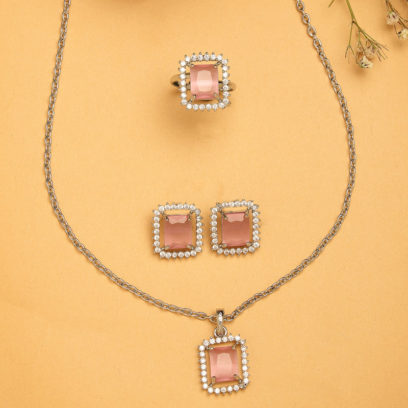Rhodium Plated Silver Toned Square Shaped Pink American Diamond Studded Pendant Combo With Ring