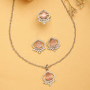 Rhodium Plated Silver Toned Pink Tear Dropped  Shaped American Diamond Studded Pendant Combo With Ring