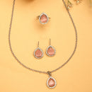 Rhodium Plated Silver Toned Tear Dropped Shaped Pink American Diamond Studded Pendant Combo With Ring