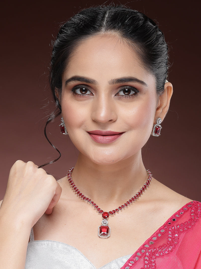 Rhodium Plated with Unique Design Necklace & Red American Diamond Studded Necklace Set