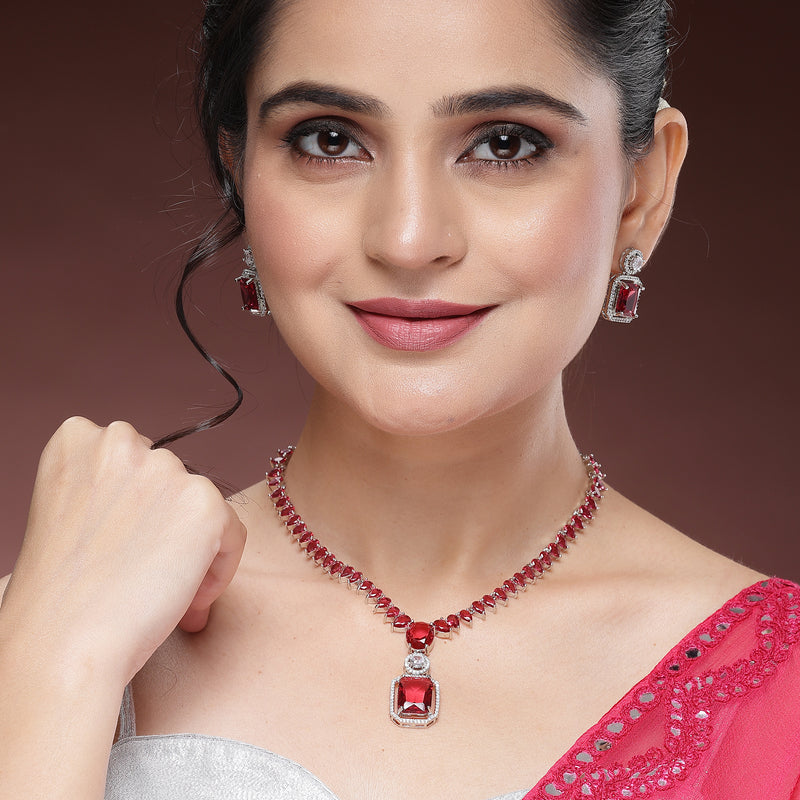 Rhodium Plated Silver Toned Ruby Red American Diamond Studded Jewellery Set