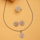 Rhodium Plated Silver Toned Oval Shaped Pink American Diamond Studded Pendant Combo With Ring