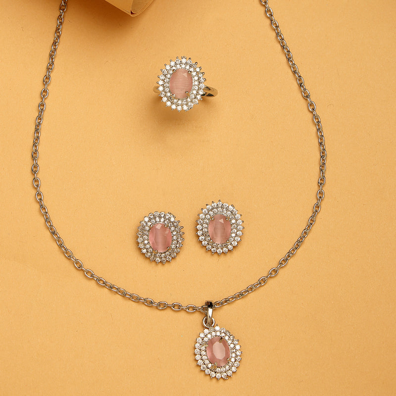Rhodium Plated Silver Toned Oval Shaped Pink American Diamond Studded Pendant Combo With Ring