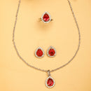 Rhodium Plated Silver Toned Tear Dropped Shaped Ruby Red American Diamond Studded Pendant Combo With Ring