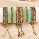 Gold-Plated Velvet Sea Green Set Of 56 Traditional Tasseled With Ghunghru Chuda Bangles