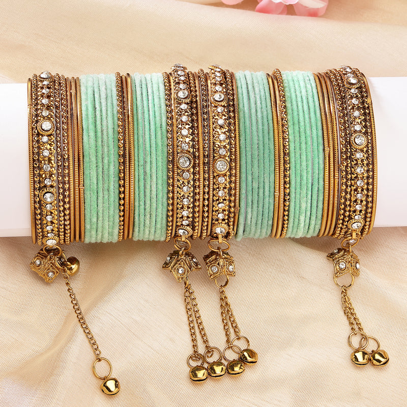 Gold-Plated Velvet Sea Green Set Of 56 Traditional Tasseled With Ghunghru Chuda Bangles