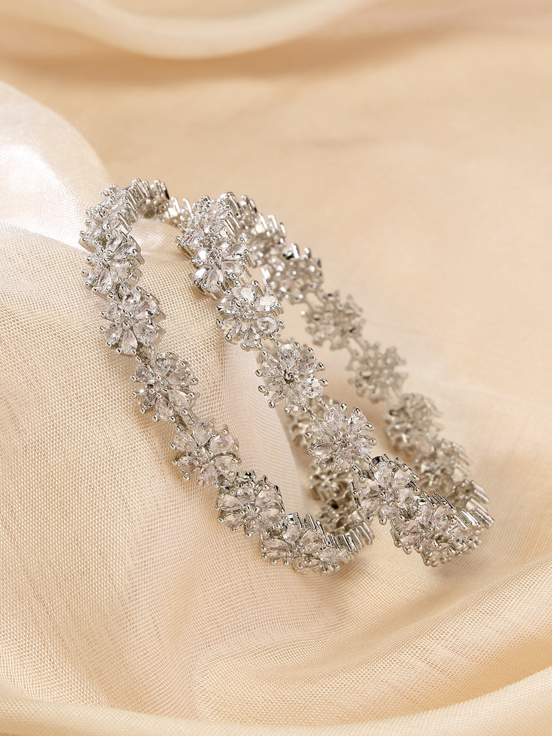 Rhodium Plated Silver Toned White AD Studded Set Of 2 Stylish Floral Design Bangles