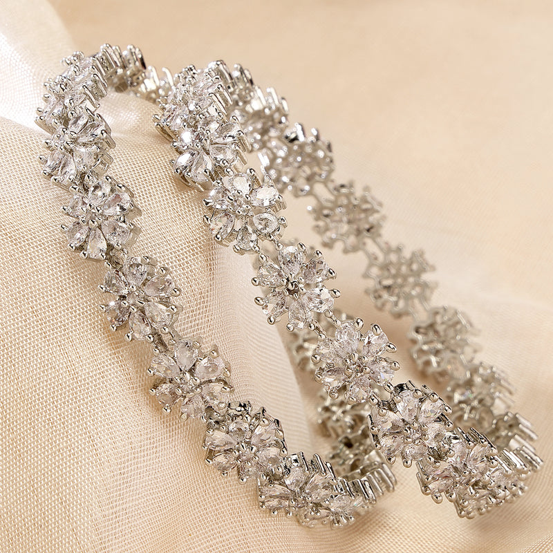 Rhodium Plated Silver Toned White AD Studded Set Of 2 Stylish Floral Design Bangles