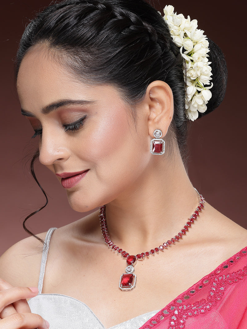 Rhodium Plated with Unique Design Necklace & Red American Diamond Studded Necklace Set