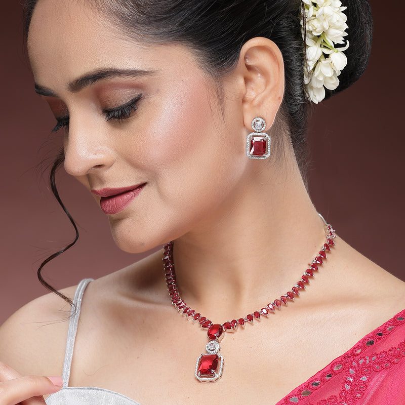 Rhodium Plated Silver Toned Ruby Red American Diamond Studded Jewellery Set