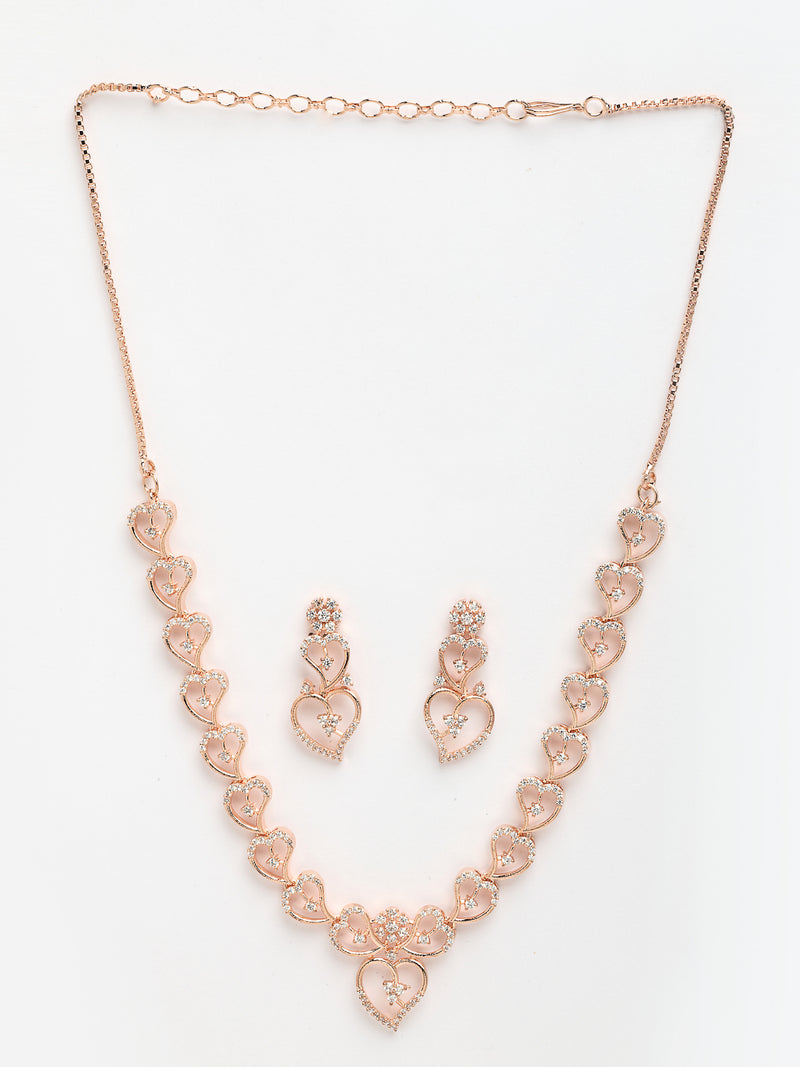 Rose Gold Plated Cascading Hearts Design with White AD Stone Studded Necklace Set