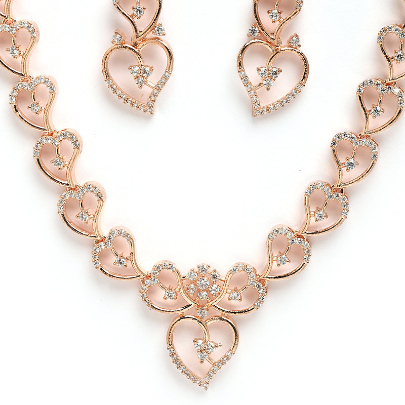 Rose Gold Plated Hearts Shaped with White American Diamond Stone Studded Jewellery Set