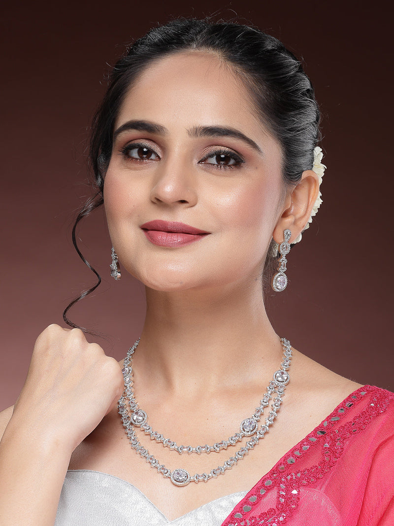 Rhodium Plated Silver Toned Sparkle White American Diamond Studded Jewellery Set