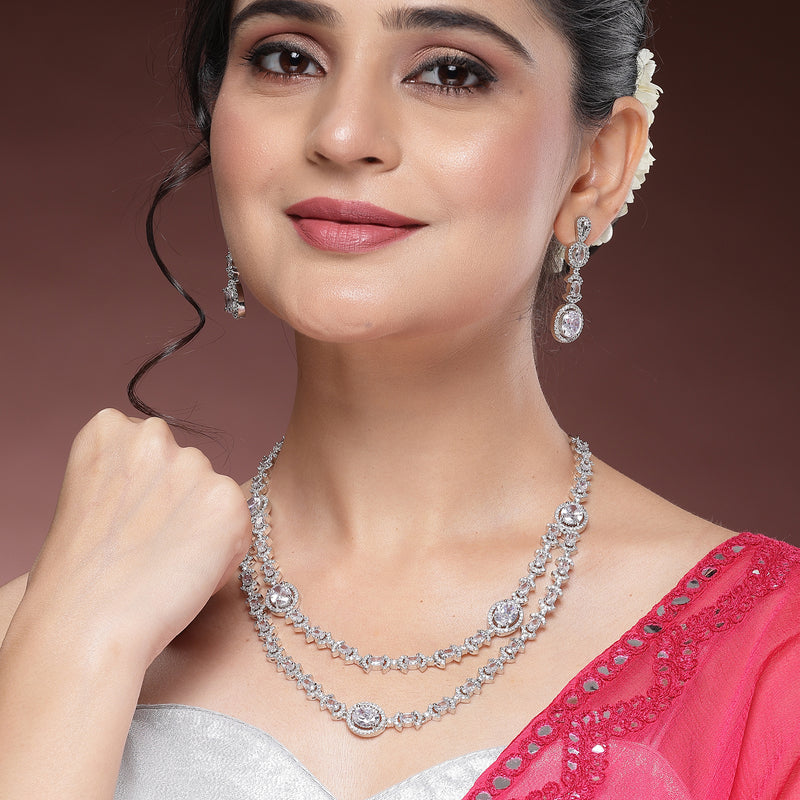 Rhodium Plated Silver Toned Sparkle White American Diamond Studded Jewellery Set