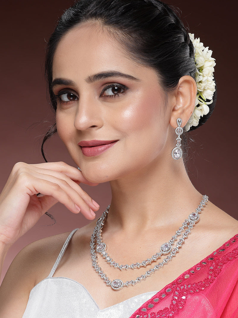 Rhodium Plated Silver Toned Sparkle White American Diamond Studded Jewellery Set