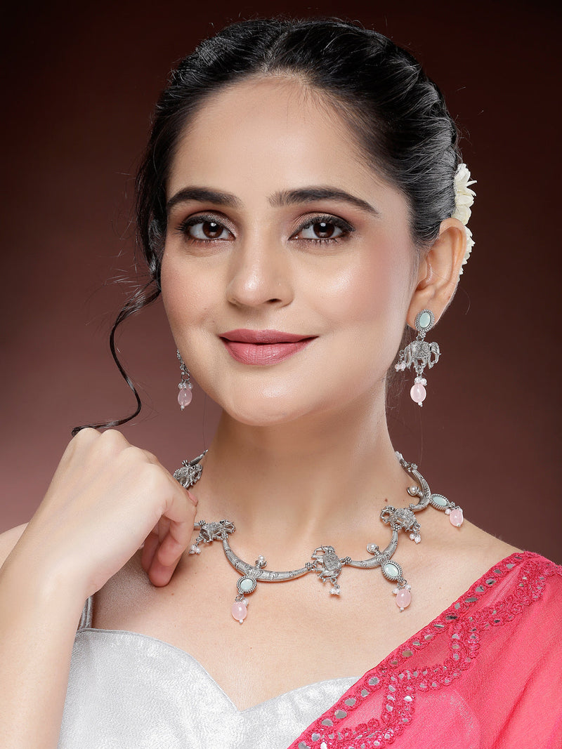 Oxidized Plated with Pink Pearl & Stone Studded Jewellery Set