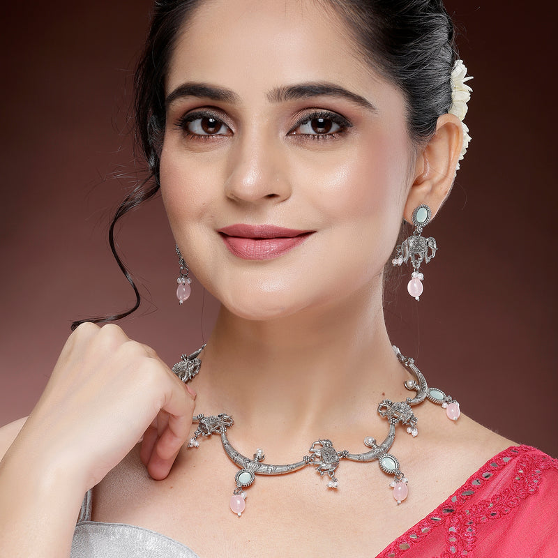 Oxidized Plated with Pink Pearl & Stone Studded Jewellery Set