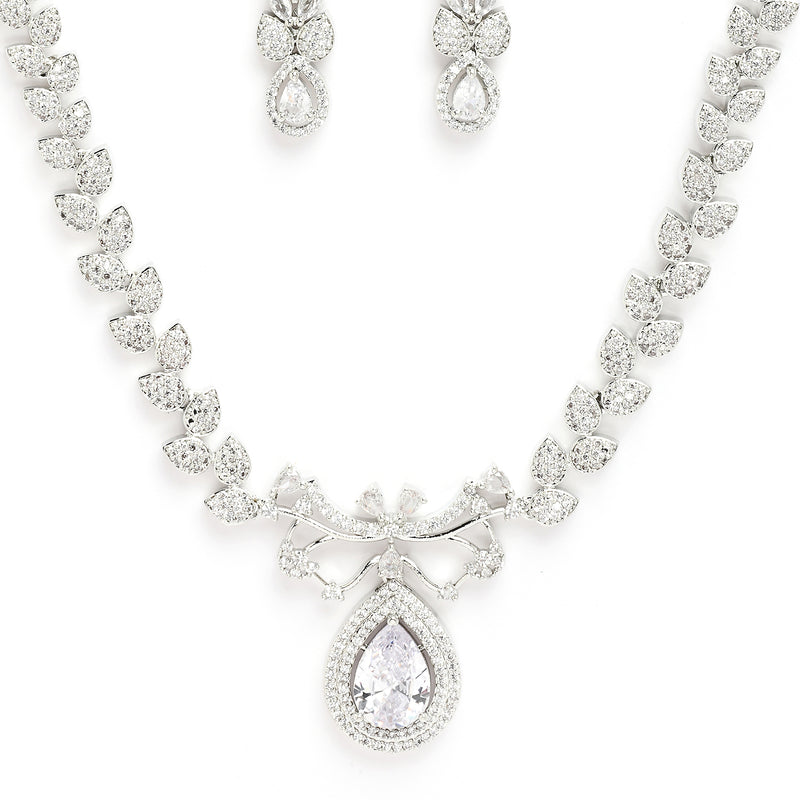 Rhodium Plated Silver Toned Teardrop American Diamond Jewellery Set