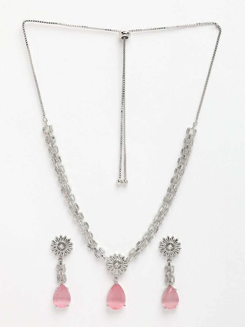 Rhodium Plated Silver Toned Teardrop Shaped Pink American Diamond Studded Necklace Set