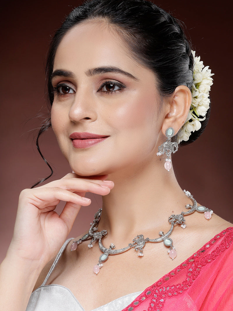 Oxidized Plated with Pink Pearl & Stone Studded Jewellery Set