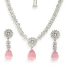 Rhodium Plated Silver Toned Teardrop Shaped Pink American Diamond Studded Necklace Set
