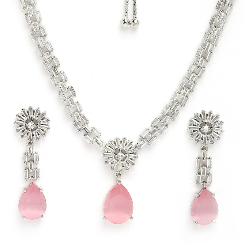 Rhodium Plated Silver Toned Teardrop Shaped Pink American Diamond Studded Necklace Set