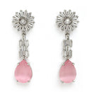 Rhodium Plated Silver Toned Teardrop Shaped Pink American Diamond Studded Necklace Set