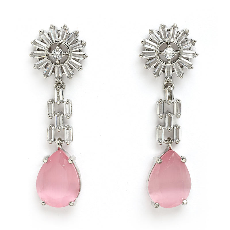 Rhodium Plated Silver Toned Teardrop Shaped Pink American Diamond Studded Necklace Set