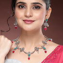 Oxidized Plated with Red & Sea Green with Pearl Stone Studded Jewellery Set
