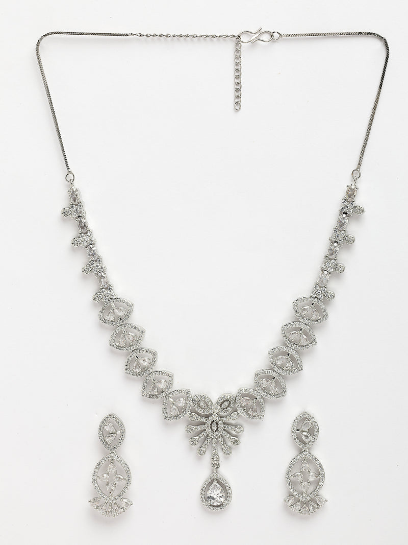 Rhodium Plated with Ladymania Design & AD Stone Studded Necklace and Earrings Set