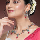 Oxidized Plated with Red & Sea Green with Pearl Stone Studded Jewellery Set