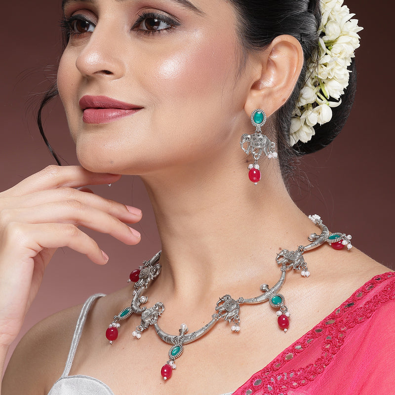 Oxidized Plated with Red & Sea Green with Pearl Stone Studded Jewellery Set