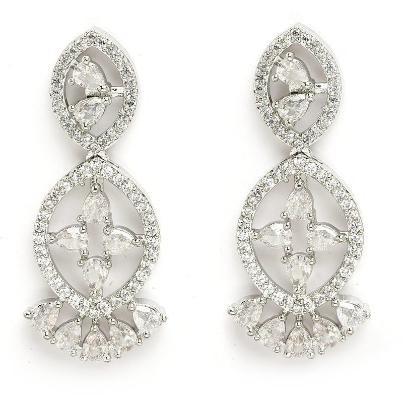 Rhodium Plated Silver Toned White American Diamond Studded Jewellery Set