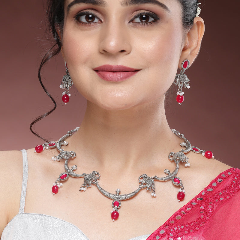 Oxidized Plated with Red Pearl & Stone Studded Jewellery Set