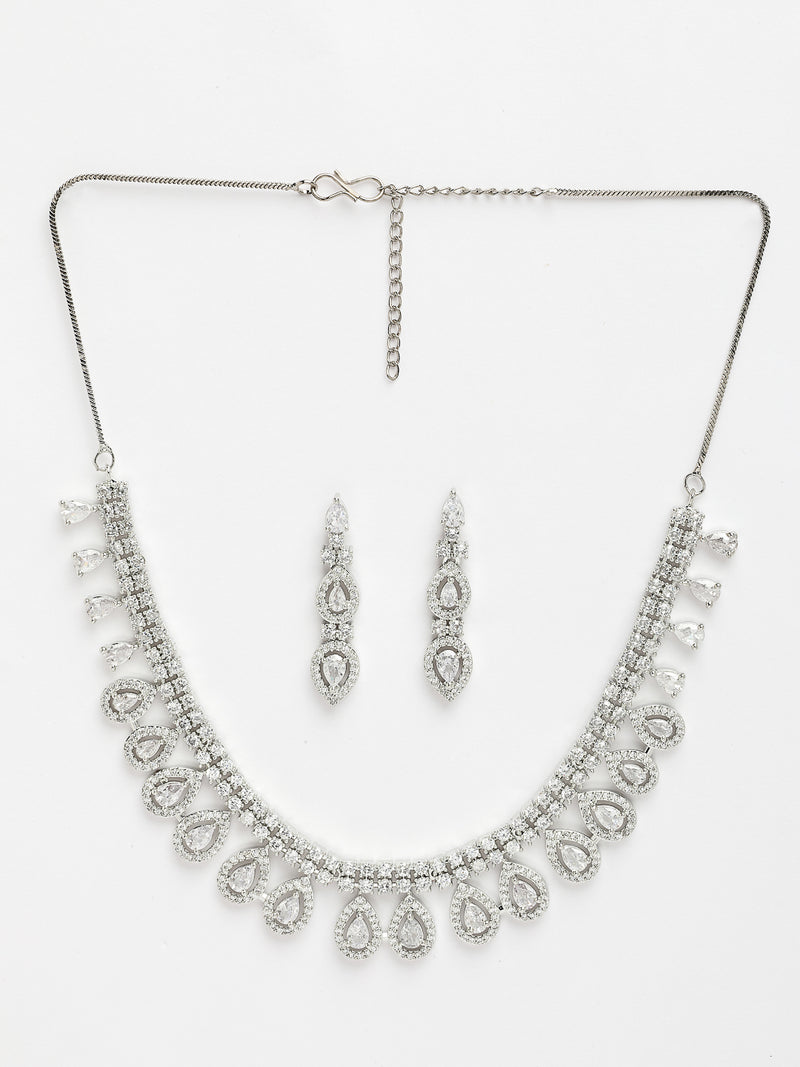 Rhodium Plated with White American Diamond Studded Tear Drop Shaped Necklace Set