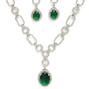 Rhodium Plated Silver Toned Emerald Green American Diamond Studded Jewellery Set