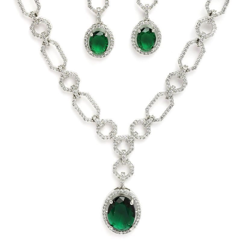 Rhodium Plated Silver Toned Emerald Green American Diamond Studded Jewellery Set