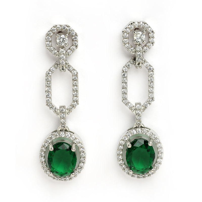 Rhodium Plated Silver Toned Emerald Green American Diamond Studded Jewellery Set