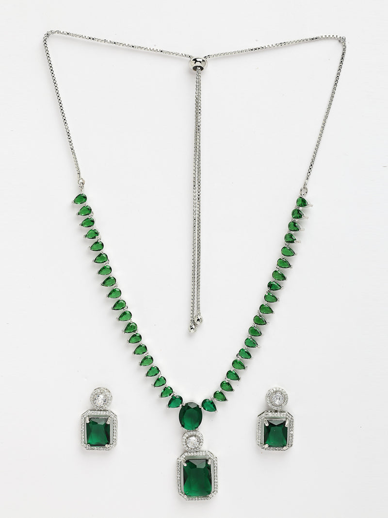 Rhodium Plated with Unique Design Necklace & Green American Diamond Studded Necklace Set