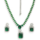 Rhodium Plated Silver Toned Green American Diamond Studded Jewellery Set