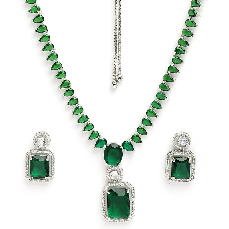 Rhodium Plated Silver Toned Green American Diamond Studded Jewellery Set