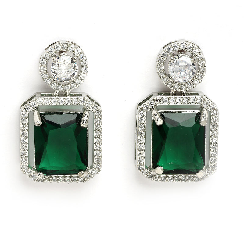 Rhodium Plated Silver Toned Green American Diamond Studded Jewellery Set