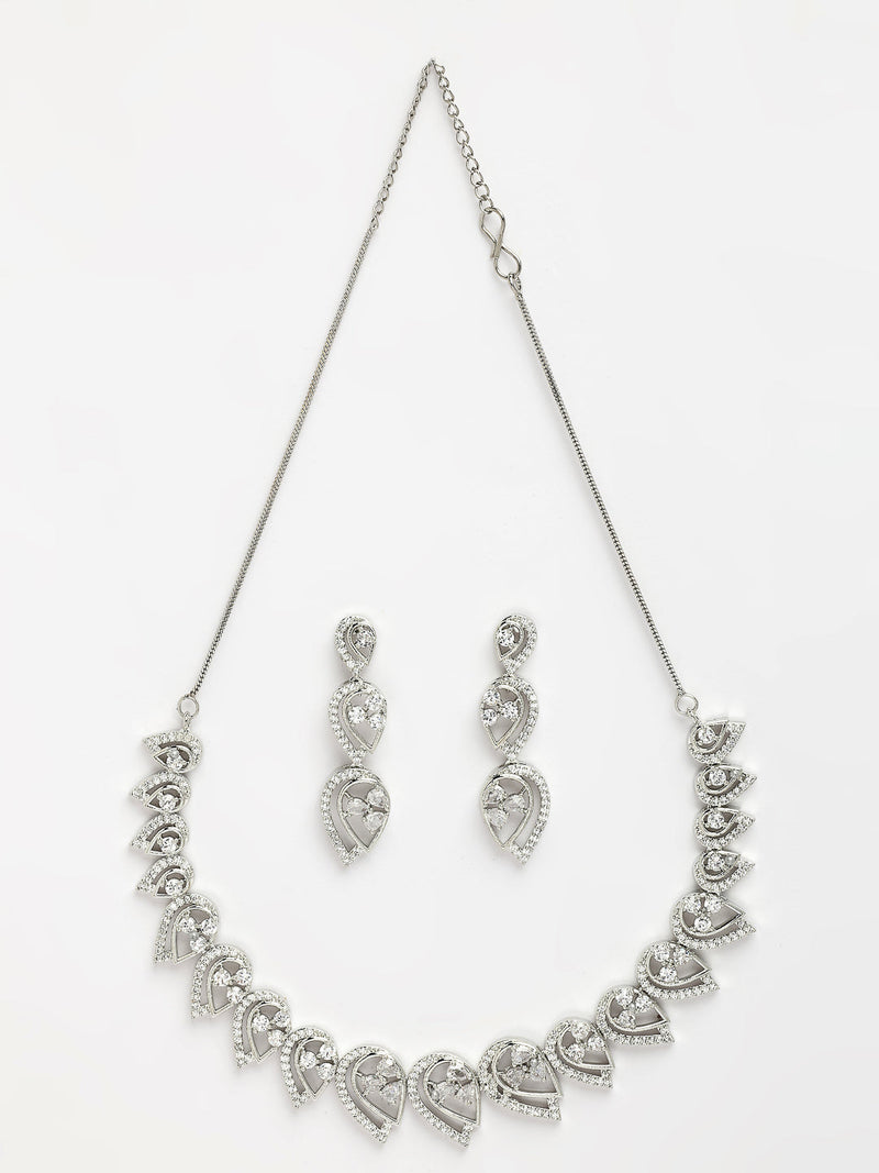 Rhodium Plated Silver Toned White American Diamond Studded Jewellery Set
