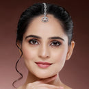 Rhodium Plated Silver Toned Floral Green American Diamond Studded Maang Tikka